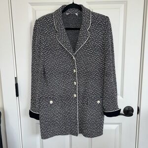 St John Collection Jacket Novelty Knit Black Ivory SJ Logo Button Size 10 Blazer
